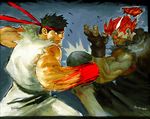  battle black_hair dougi duel eyebrows fingerless_gloves gloves glowing glowing_eyes gouki headband motion_blur multiple_boys muscle red_eyes red_hair ryuu_(street_fighter) sleeveless steven_mack street_fighter thick_eyebrows topknot 