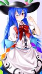  blue_hair blush dress food fruit hat highres hinanawi_tenshi long_hair looking_at_viewer momoiro_lettuce peach red_eyes simple_background smile solo touhou 