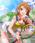  ;d artist_request bent_over blue_eyes blush breasts brown_hair chain-link_fence cleavage fence idolmaster idolmaster_million_live! jewelry jpeg_artifacts lens_flare long_hair looking_at_viewer medium_breasts necklace official_art one_eye_closed open_mouth racket skirt smile solo sportswear strap_slip sweat tank_top tennis_net tennis_racket tennis_uniform tokoro_megumi wristband 