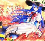  blue_hair blush dress food fruit hat highres hinanawi_tenshi long_hair looking_at_viewer momoiro_lettuce peach red_eyes simple_background smile solo sword sword_of_hisou touhou weapon 