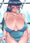  1girl areolae astraea13 blue_hair blush braid breasts elf fat female highres huge_breasts long_hair navel nipples no_pussy on-piece_swimsuit one-piece_swimsuit open_mouth pointy_ears pool red_eyes see-through shiny solo standing swimsuit water 