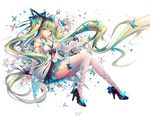  :/ bare_shoulders bow breasts bug butterfly cleavage detached_sleeves earrings fingernails full_body garter_straps green_eyes green_hair hair_ribbon hatsune_miku high_heels insect jewelry long_hair long_legs looking_at_viewer medium_breasts nail_polish navel ribbon solo thighhighs tidsean twintails very_long_hair vocaloid white_background white_legwear zettai_ryouiki 
