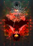  absurdres black_hair commentary detached_sleeves fire flame flower flower_(symbol) highres japanese_clothes mikamin_(pixiv) red satsuki_rin short_hair skirt solo spot_color touhou upside-down 