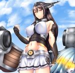  breasts brown_hair elbow_gloves fingerless_gloves gloves highres kantai_collection large_breasts long_hair looking_at_viewer midriff miniskirt multiple_girls nagato_(kantai_collection) navel pleated_skirt red_eyes serious skirt ta-class_battleship yui.h 