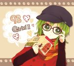  1girl :o adjusting_eyewear alternate_hairstyle anzu_(o6v6o) bangs black-framed_eyewear black_hat book braid brown_background cabbie_hat casual character_name coat glasses gumi hat heart holding holding_book long_sleeves looking_at_viewer open_book orange_scarf red_coat scarf short_hair_with_long_locks short_over_long_sleeves short_sleeves solo twin_braids upper_body vocaloid 