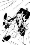  bangs black_sclera blunt_bangs bow choker crossed_legs dan_kim dress flower frills furudo_erika greyscale hair_flower hair_ornament high_heels highres lace long_hair monochrome print_legwear puffy_sleeves sitting smile sneer solo throne twintails umineko_no_naku_koro_ni 