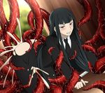  1girl all_fours black_hair blush cum cum_in_pussy darker_than_black formal hazuki_mina_(darker_than_black) long_hair necktie pants purple_eyes rape suit tentacle torn_clothes torn_pants vaginal 