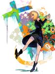  abstract_background bad_id bad_pixiv_id black_dress blonde_hair boots cross detached_sleeves dress dripping flower highres inverted_cross jewelry kicking ladic leaf legs looking_at_viewer looking_back necklace original short_hair sleeveless sleeveless_dress smile solo texture yellow_eyes 