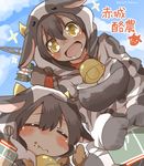  akagi_(kantai_collection) animal_costume armor arrow bell breasts brown_hair closed_eyes cow cow_costume eating food food_on_face gloves kantai_collection large_breasts looking_at_viewer machinery multiple_persona muneate open_mouth quiver rebecca_(keinelove) wavy_mouth yellow_eyes 