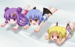  animated animated_gif barefoot bed blonde_hair blue_hair child feet flandre_scarlet jumping kanna_hisashi lowres open_mouth patchouli_knowledge purple_eyes purple_hair red_eyes remilia_scarlet touhou 