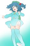  ;p backpack bag bloomers blue_eyes blue_hair boots ica kawashiro_nitori key looking_at_viewer one_eye_closed rubber_boots sketch skirt solo thigh_boots thighhighs tongue tongue_out touhou two_side_up underwear 