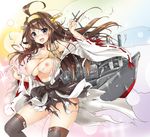  :d ahoge bare_shoulders black_legwear blush boots breasts brown_hair detached_sleeves double_bun hair_ornament hairband headgear heart japanese_clothes kantai_collection kongou_(kantai_collection) kurimomo large_breasts long_hair mecha_musume miniskirt nipples nontraditional_miko open_mouth ribbon-trimmed_sleeves ribbon_trim shiny shiny_skin skindentation skirt smile solo tears thigh_boots thighhighs torn_clothes v-shaped_eyebrows wide_sleeves 