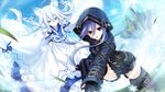  animal_ears arm_belt black_legwear blue_eyes boots dutch_angle effole_(fairy_fencer_f) fairy_fencer_f fingerless_gloves floating_island fox_ears frilled_skirt frills game_cg gloves glowing glowing_eye grass hood karin_(fairy_fencer_f) multiple_girls official_art one_knee open_mouth purple_hair red_eyes ribbon sidelocks skirt sleeves_past_wrists snowflakes thigh_boots thighhighs tsunako white_hair wide_sleeves 