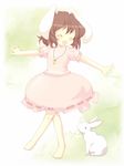  animal_ears barefoot brown_hair bunny bunny_ears carrot carrot_necklace closed_eyes dress happy inaba_tewi jewelry necklace open_mouth outstretched_arms pendant pink_dress puffy_sleeves ribbon-trimmed_clothes ribbon_trim short_hair short_sleeves smile solo touhou walking yanmarson 