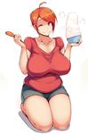  breasts huge_breasts kneeling one_eye_closed plump red_hair rice rice_spoon short_shorts shorts solo zako_(arvinry) 