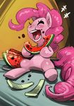  eating equine eyes_closed female feral friendship_is_magic fruit hair horse inside mammal my_little_pony open_mouth pink_hair pinkie_pie_(mlp) pony sitting solo watermelon 