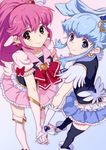  aino_megumi black_legwear blue_eyes blue_hair blue_skirt boots bow bowtie brooch cure_lovely cure_princess earrings frills gloves happinesscharge_precure! hirose_(mokiki) holding_hands jewelry long_hair magical_girl multiple_girls pink_bow pink_eyes pink_hair pink_skirt precure shirayuki_hime shoes skirt smile thigh_boots thighhighs white_background white_legwear wide_ponytail zettai_ryouiki 