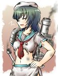  breasts burnt_clothes chimney closed_eyes collarbone green_hair hands_on_hips hat kantai_collection kiso_(kantai_collection) midriff navel neckerchief open_mouth profile sailor_hat school_uniform serafuku small_breasts smoke solo tanaka_gorbachev torn_clothes 