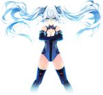  &gt;:) aqua_eyes backlighting bangs bare_shoulders black_gloves black_heart blue_leotard breasts chou_megami_shinkou_noire_gekishin_black_heart cleavage cleavage_cutout crossed_arms elbow_gloves floating_hair gloves gradient grey_legwear gunbuster_pose halterneck leotard light_particles light_smile long_hair looking_at_viewer magical_girl medium_breasts neptune_(series) official_art power_symbol smile solo standing symbol-shaped_pupils thighhighs transparent_background tsunako turtleneck twintails v-shaped_eyebrows white_hair 