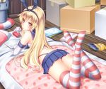  black_panties blonde_hair box brown_eyes eating elbow_gloves food gloves hairband kantai_collection lifebuoy long_hair lying magazine microskirt on_box on_stomach panties pocky rensouhou-chan shimakaze_(kantai_collection) skirt solo striped striped_legwear thighhighs underwear yamaishi_nohi 