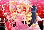  black_hair blonde_hair bodysuit bow breasts covered_nipples dress drill_hair earrings epaulettes eyepatch hair_bow harime_nui hat highres jakuzure_nonon jewelry junketsu kill_la_kill kiryuuin_satsuki medium_breasts multiple_girls parasol pink_bow pink_hair red_bodysuit shako_cap shennai_misha sidelocks skull strapless strapless_dress twin_drills twintails umbrella upper_body 