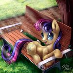  bench blue_eyes blue_hair bonbon_(mlp) cutie_mark cutie_mrk equine female friendship_is_magic grass hair horse lying lyre mammal musical_instrument my_little_pony open_mouth outside path pink_hair pony solo tree tsitra360 two_tone_hair 