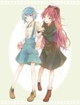  arm_hug atea blue_eyes blue_hair bow braid casual dress food food_in_mouth hair_bow hair_ornament hairclip hand_in_pocket long_hair mahou_shoujo_madoka_magica miki_sayaka multiple_girls overalls pocky red_eyes red_hair sakura_kyouko short_hair smile 