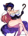  arm_up armpits breasts cleavage copyright_name crossed_legs dragon's_crown elbow_gloves gloves huge_breasts legs light_smile long_legs looking_at_viewer mizore_syrup open_mouth purple_eyes red_hair simple_background sitting solo sorceress_(dragon's_crown) staff thighs white_background 