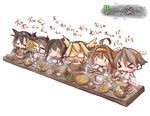  &gt;_&lt; :t ahoge alcohol beer black_hair blonde_hair boned_meat brown_hair chibi closed_eyes cup curry curry_rice detached_sleeves eating flower food fried_rice gameplay_mechanics glasses gloves hair_ornament hairband hiei_(kantai_collection) japanese_clothes kantai_collection kebab kongou_(kantai_collection) meat multiple_girls musashi_(kantai_collection) mutsu_(kantai_collection) nagato_(kantai_collection) nontraditional_miko noodles pizza pointy_hair ponytail ramen rice salad sandwich simple_background sweatdrop tanaka_ahiru tea teacup wide_sleeves yamato_(kantai_collection) 