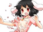  animal_ears areolae black_hair blush bunny_ears carrot carrot_necklace dress exploding_clothes flat_chest inaba_tewi jewelry large_areolae mono_(moiky) necklace nipples open_mouth pendant red_eyes short_hair solo tears torn_clothes touhou transparent_background upper_body 