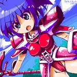  1girl :o aqua_eyes armor blue_hair copyright_name corque_lans daidai_ningen day dutch_angle faussete_amour gloves leotard lowres no_nose oekaki pauldrons pink_armor polearm red_leotard short_hair sky solo spear weapon 