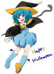  blue_eyes blue_hair boots cape halloween happy_halloween hat ica jack-o'-lantern kawashiro_nitori rubber_boots smile solo staff touhou two_side_up witch_hat 