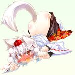  animal_ears ass bare_shoulders bent_over blush bridal_gauntlets detached_sleeves fang flat_chest hat highres inubashiri_momiji narumiya nipples open_clothes open_mouth red_eyes short_hair silver_hair skirt skirt_pull solo tail tears tokin_hat top-down_bottom-up touhou wolf_ears wolf_tail 