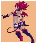  boots commentary_request demon_girl demon_wings disgaea disgaea_d2 earrings etna from_behind gloves highres jewelry looking_back osome_tei red_hair short_shorts shorts tail thigh_boots thighhighs twintails wings 