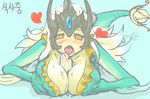  animal animal_between_breasts bad_id bad_pixiv_id between_breasts blonde_hair blush breasts cleavage fish full-face_blush heart korean large_breasts league_of_legends looking_at_viewer mermaid monster_girl nami_(league_of_legends) open_mouth orange_eyes sexually_suggestive simple_background solo tongue trombe yellow_eyes 