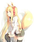  animal_ears black_legwear blonde_hair blush dressing fox_ears fox_tail hair_ribbon long_hair open_mouth original peragura red_eyes ribbon shadow sidelocks simple_background skirt solo tail thighhighs thighhighs_pull twintails very_long_hair 