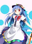  absurdres blue_hair bow drop_shadow food fruit hand_in_hair hat highres hinanawi_tenshi long_hair looking_at_viewer minamina peach puffy_sleeves red_eyes shadow short_sleeves simple_background skirt smile solo sword_of_hisou touhou white_background 