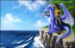  anthro blackdragon1 blue_body blue_eyes clothing dragon equine feral hooves horn horse jeans male mane pants quillu scalie water wings 