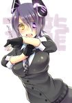  blush cardigan eyepatch gloves headgear kantai_collection kurosawa_itsuki necktie open_mouth partly_fingerless_gloves purple_hair school_uniform short_hair solo tenryuu_(kantai_collection) translated yellow_eyes 