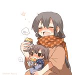  akagi_(kantai_collection) black_eyes black_hair blush brown_hair carrying chibi closed_eyes eating food food_on_face kaga_(kantai_collection) kantai_collection lowres multiple_girls rebecca_(keinelove) scarf side_ponytail simple_background sweet_potato white_background younger 