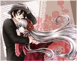  1girl chin_strap doily dress floral_background formal gosick gown green_eyes hair_between_eyes hairband hand_on_headwear hara_sae hat holding hug kujou_kazuya lolita_hairband long_hair looking_away older open_mouth red_dress silver_hair spoilers suit very_long_hair victorica_de_blois wide_sleeves 