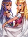  blonde_hair blue_eyes commentary dress elbow_gloves english_commentary eyeshadow finni_chang gloves long_hair makeup multiple_girls pointy_ears princess_hilda princess_zelda purple_hair red_eyes smile symmetry the_legend_of_zelda the_legend_of_zelda:_a_link_between_worlds watermark web_address white_gloves 
