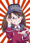  bespectacled brown_hair glasses grin headgear highres kantai_collection long_hair red_eyes rising_sun ryuujou_(kantai_collection) smile solo sterndorf sunburst twintails upper_body 