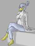  avian avian_(starbound) beak bird cleavage clothed clothing crossed_legs eyewear female glasses labcoat looking_back partially_clothed ponytail rml sitting smile solo starbound video_games yellow_eyes 