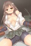  arashio_(kantai_collection) arm_strap bare_shoulders bike_shorts blush breasts brown_hair cameltoe cleavage collarbone kantai_collection kutan long_hair medium_breasts open_clothes pleated_skirt shiny shiny_skin sitting skirt skirt_lift solo suspender_skirt suspenders unbuttoned yellow_eyes 