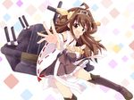  ahoge bare_shoulders blush boots brown_hair detached_sleeves double_bun hair_ornament hairband headgear japanese_clothes kantai_collection kongou_(kantai_collection) long_hair massala open_mouth outstretched_arm skirt smile solo thigh_boots thighhighs 