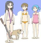  :| aioi_yuuko arms_at_sides bangs barefoot bikini black_eyes black_hair blank_stare blue_hair blush casual_one-piece_swimsuit clenched_hands closed_mouth cloud collar colored_stripes day dog double-barreled_shotgun empty_eyes expressionless flat_chest flipped_hair frilled_swimsuit frills full_body glasses grey_hair groin gun hair_cubes hair_ornament halterneck hebichan holding holding_gun holding_weapon long_hair minakami_mai multiple_girls naganohara_mio navel nichijou no_nose oguri_cap_(nichijou) one-piece_swimsuit orange_bikini outdoors parted_bangs pink_swimsuit purple_bikini rimless_eyewear shadow short_hair short_twintails shotgun sidelocks sky slingshot_swimsuit standing striped striped_bikini swimsuit tongue tongue_out trigger_discipline twintails weapon 