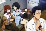  2girls absurdres bike_shorts black_hair brown_hair drink eto_koji food green_eyes highres koresawa_shigeyuki labcoat legs long_hair makise_kurisu multiple_girls necktie newtype non-web_source official_art okabe_rintarou pantyhose purple_eyes red_neckwear saito_chizue scan shiina_mayuri short_hair shorts steins;gate very_long_hair yamada_yukei yellow_eyes 