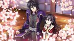  1girl :d ahoge apollones belt black_gloves black_hair blush brother_and_sister collarbone door emily_(fairy_fencer_f) fairy_fencer_f fingerless_gloves flower game_cg gloves long_hair looking_up official_art open_mouth petals purple_eyes school_uniform serafuku short_hair siblings sitting sleeves_folded_up smile tsunako v_arms wooden_floor 