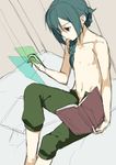  bad_id bad_pixiv_id book braid inazuma_eleven inazuma_eleven_(series) kaimuari long_hair male_focus mistorene_callus navel open_fly shirtless sitting sketch solo unzipped 